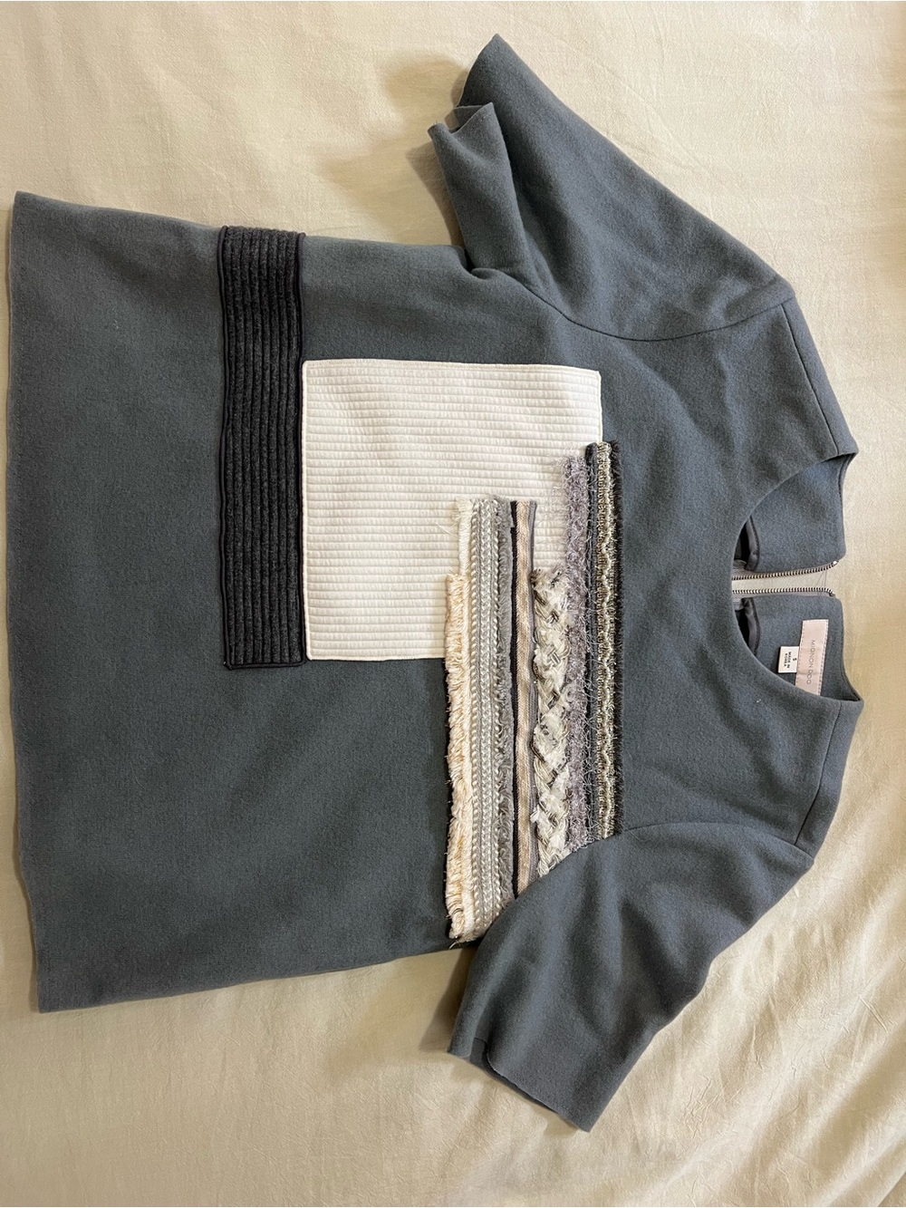 Mignon Slate Gray/Blue Crewneck Wool Top with Cream & Charcoal Panel Detail